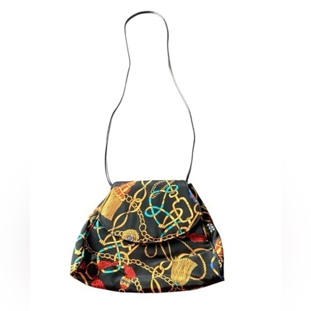 Vintage Equestrian Mini Bag Chain Print Black Turquoise Blue Gold